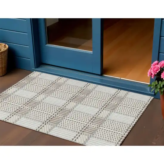 Ivory Gray And Brown Plaid Washable Indoor Outdoor Area Rug Photo 1