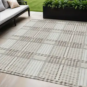 Photo of Ivory Gray And Brown Plaid Washable Indoor Outdoor Area Rug