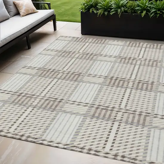 Ivory Gray And Brown Plaid Washable Indoor Outdoor Area Rug Photo 1
