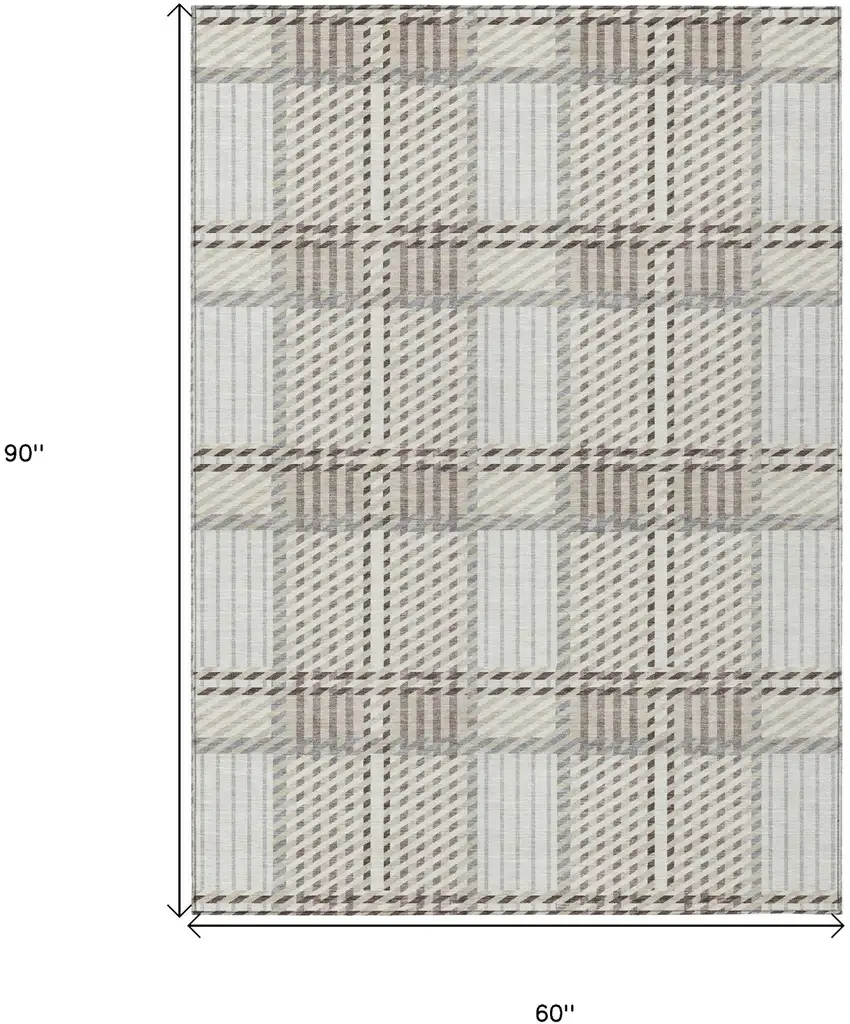 Ivory Gray And Brown Plaid Washable Indoor Outdoor Area Rug Photo 3