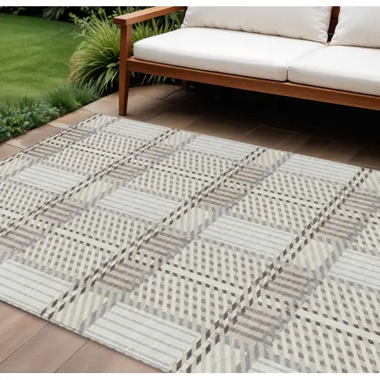 Ivory Gray And Brown Plaid Washable Indoor Outdoor Area Rug Photo 1