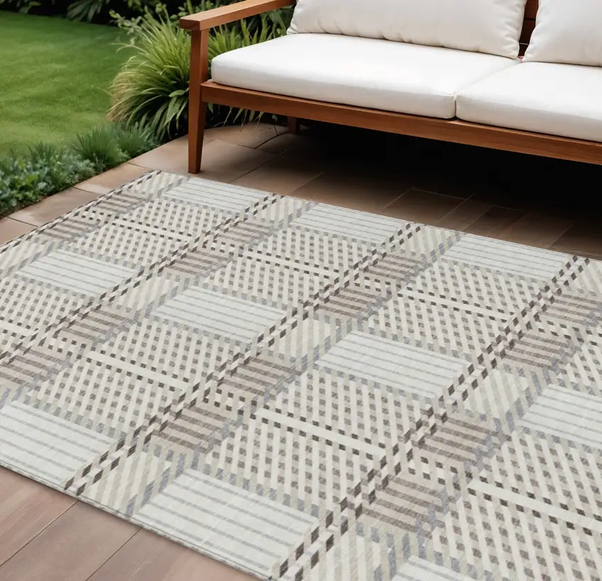 Ivory Gray And Brown Plaid Washable Indoor Outdoor Area Rug Photo 1