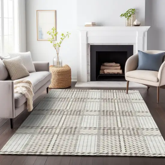 Ivory Gray And Brown Plaid Washable Indoor Outdoor Area Rug Photo 9