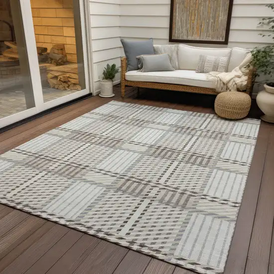 Ivory Gray And Brown Plaid Washable Indoor Outdoor Area Rug Photo 8