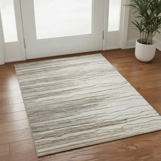 Ivory Gray And Brown Striped Washable Area Rug With UV Protection Photo 2