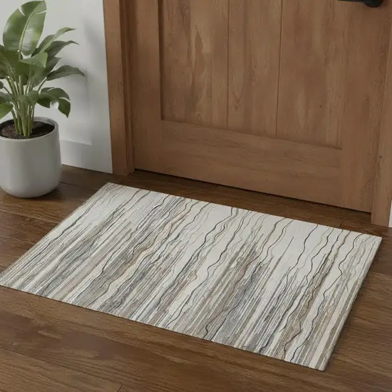 Ivory Gray And Brown Striped Washable Area Rug With UV Protection Photo 1