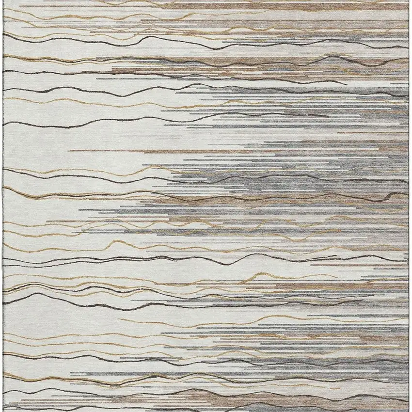 Ivory Gray And Brown Striped Washable Area Rug With UV Protection Photo 3