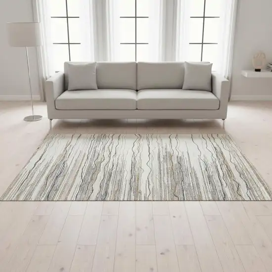 Ivory Gray And Brown Striped Washable Area Rug With UV Protection Photo 2