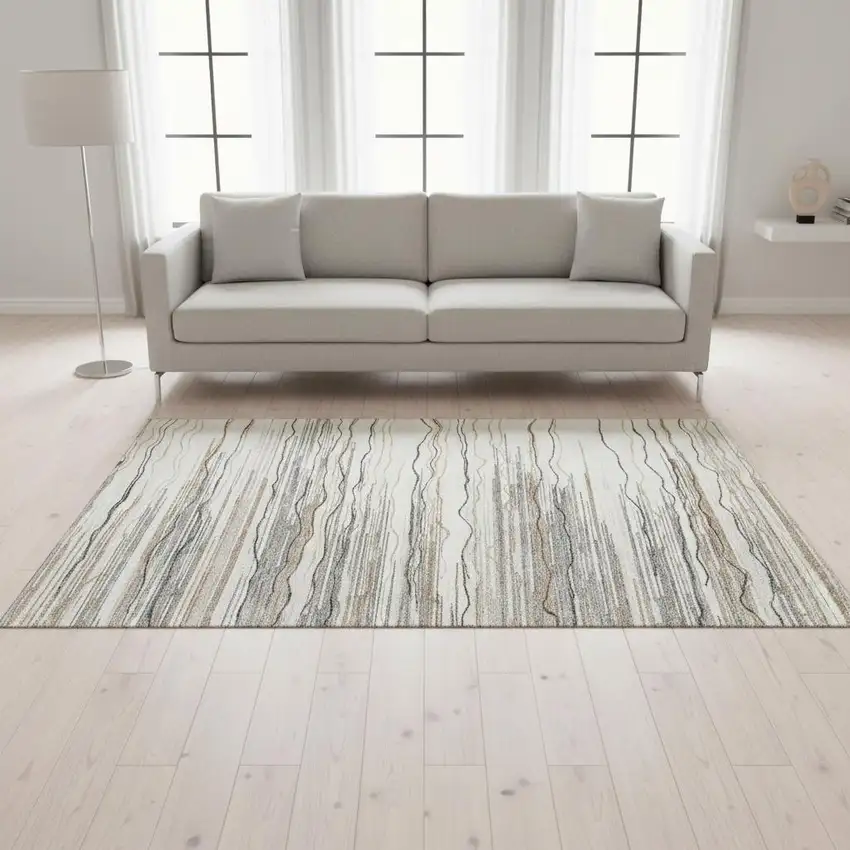 Ivory Gray And Brown Striped Washable Area Rug With UV Protection Photo 2