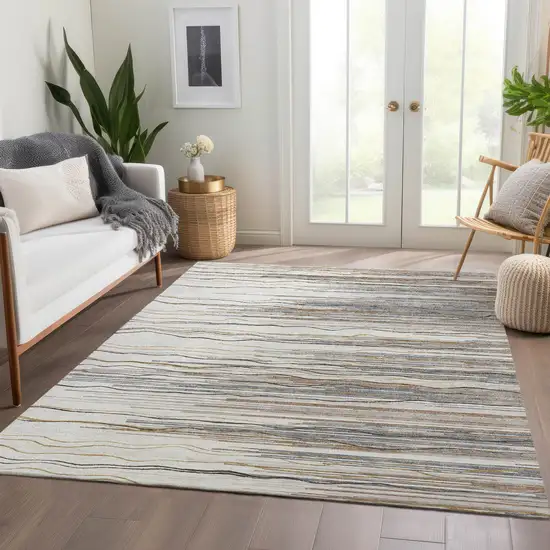 Ivory Gray And Brown Striped Washable Area Rug With UV Protection Photo 5