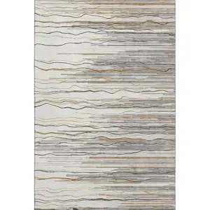 Photo of Ivory Gray And Brown Striped Washable Area Rug With UV Protection