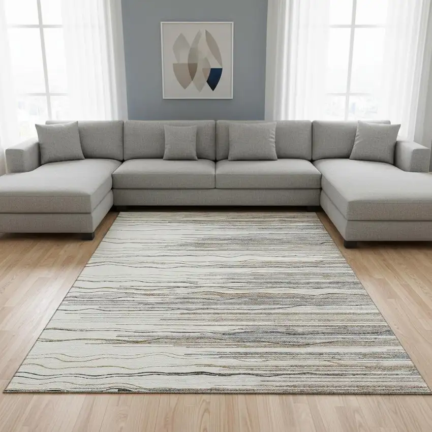 Ivory Gray And Brown Striped Washable Area Rug With UV Protection Photo 2
