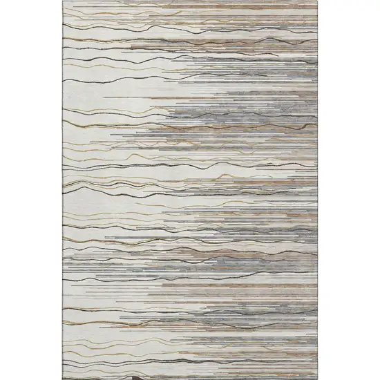 Ivory Gray And Brown Striped Washable Area Rug With UV Protection Photo 1