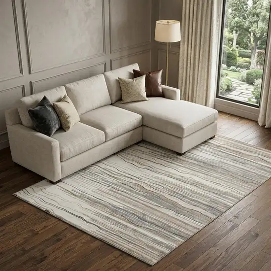 Ivory Gray And Brown Striped Washable Area Rug With UV Protection Photo 1