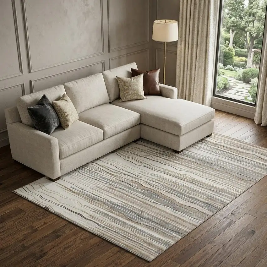 Ivory Gray And Brown Striped Washable Area Rug With UV Protection Photo 1
