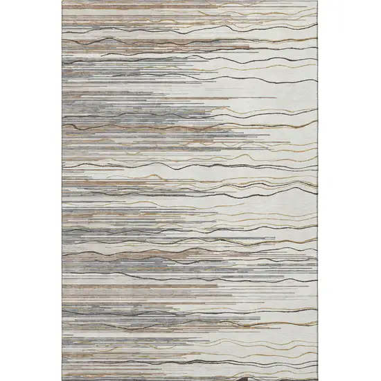 Ivory Gray And Brown Striped Washable Area Rug With UV Protection Photo 3