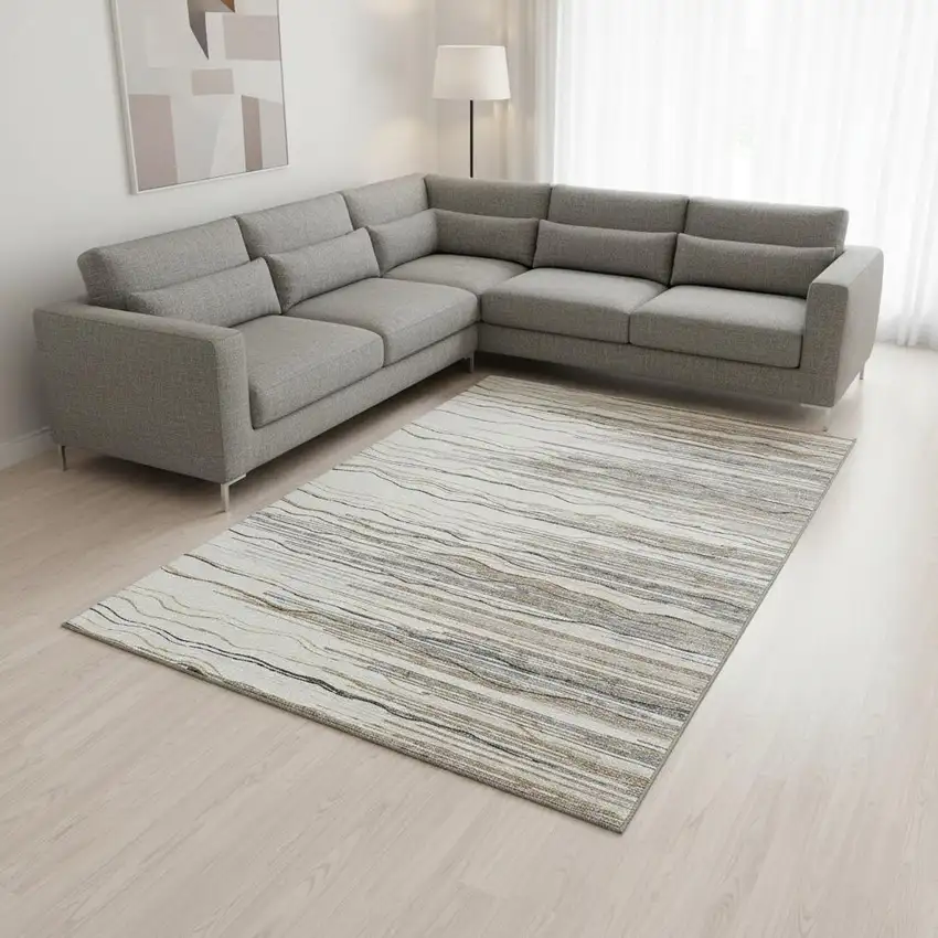 Ivory Gray And Brown Striped Washable Area Rug With UV Protection Photo 1