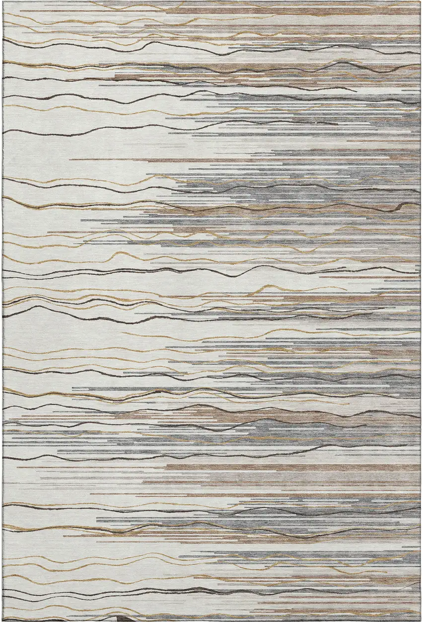 Ivory Gray And Brown Striped Washable Area Rug With UV Protection Photo 1