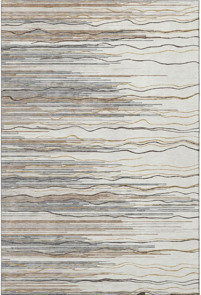Ivory Gray And Brown Striped Washable Area Rug With UV Protection Photo 3