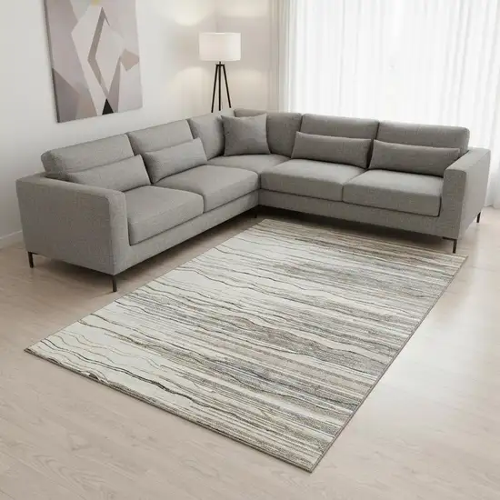 Ivory Gray And Brown Striped Washable Area Rug With UV Protection Photo 2