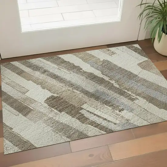 Ivory Gray And Brown Striped Washable Area Rug With UV Protection Photo 2