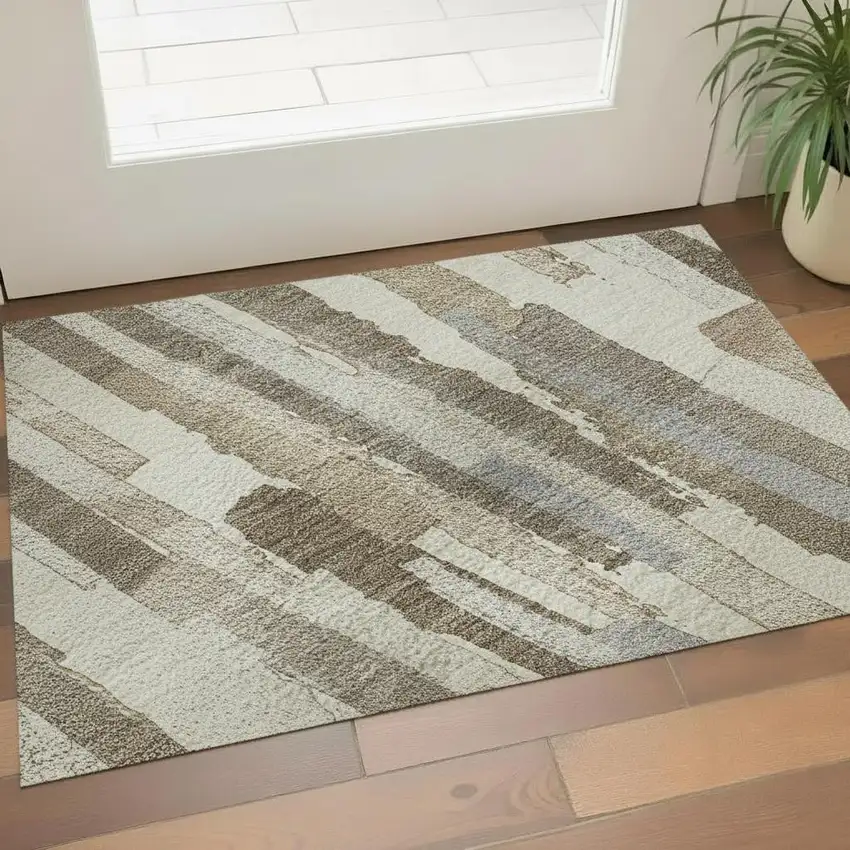 Ivory Gray And Brown Striped Washable Area Rug With UV Protection Photo 2