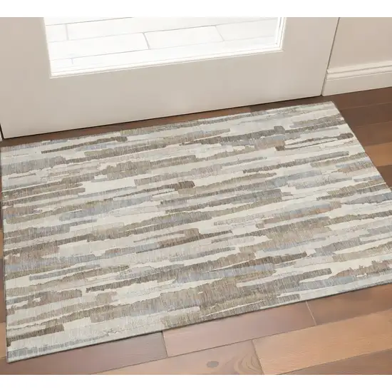 Ivory Gray And Brown Striped Washable Area Rug With UV Protection Photo 1