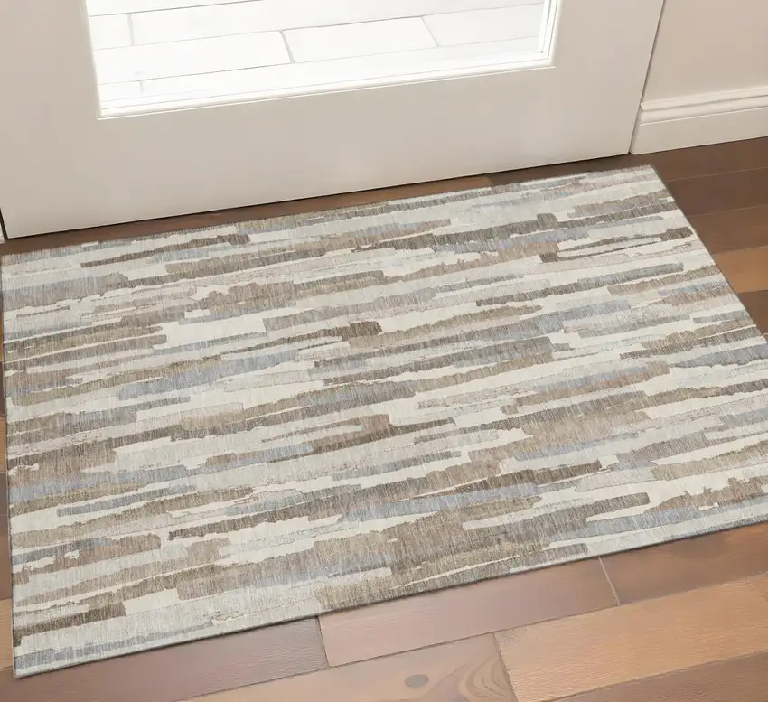 Ivory Gray And Brown Striped Washable Area Rug With UV Protection Photo 1