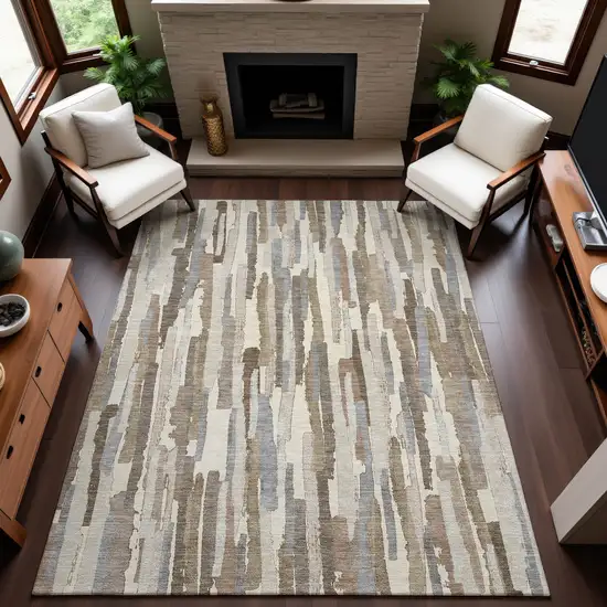 Ivory Gray And Brown Striped Washable Area Rug With UV Protection Photo 4