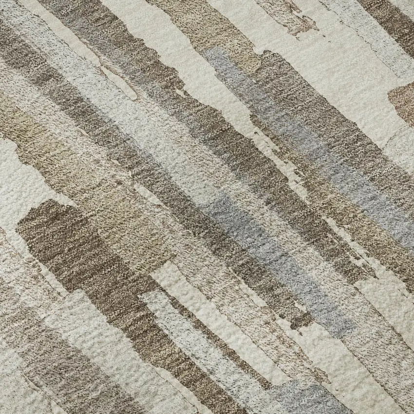 Ivory Gray And Brown Striped Washable Area Rug With UV Protection Photo 1
