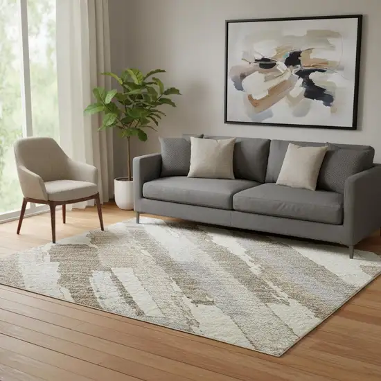 Ivory Gray And Brown Striped Washable Area Rug With UV Protection Photo 2