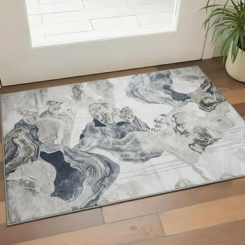 Ivory Gray And Charcoal Abstract Washable Area Rug With UV Protection Photo 2