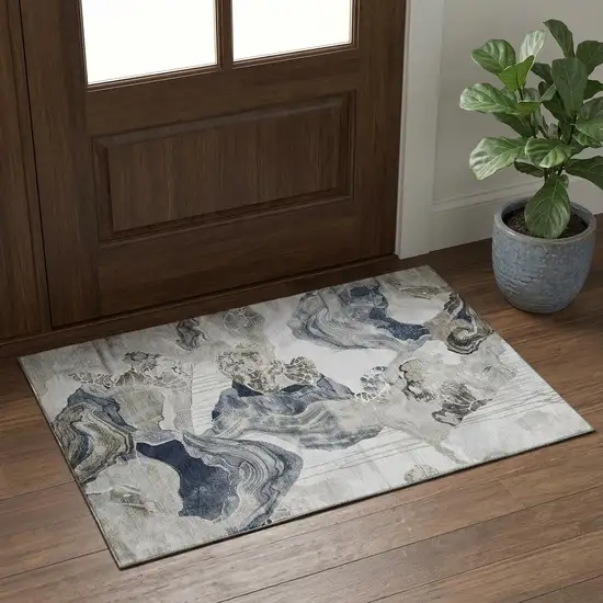 Ivory Gray And Charcoal Abstract Washable Area Rug With UV Protection Photo 1