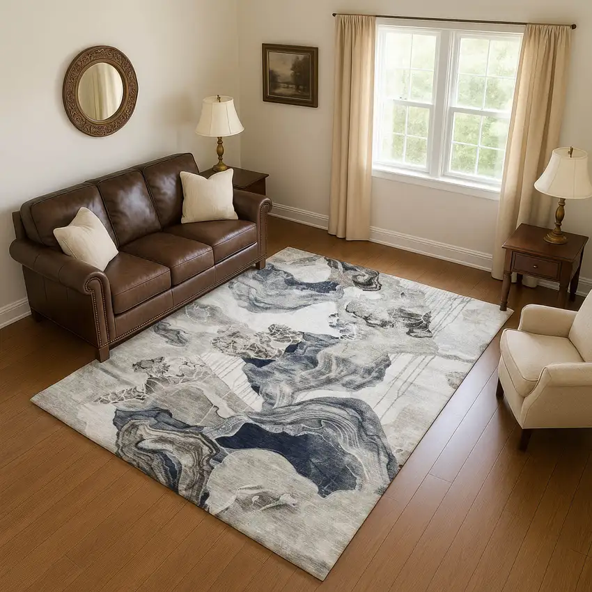 Ivory Gray And Charcoal Abstract Washable Area Rug With UV Protection Photo 4