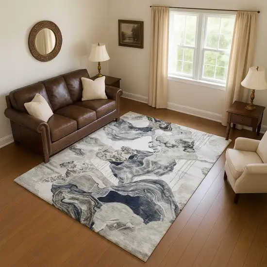 Ivory Gray And Charcoal Abstract Washable Area Rug With UV Protection Photo 4