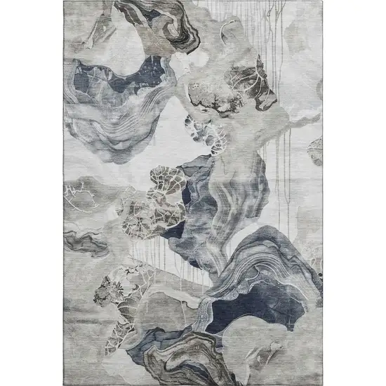 Ivory Gray And Charcoal Abstract Washable Area Rug With UV Protection Photo 1