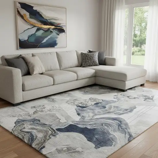 Ivory Gray And Charcoal Abstract Washable Area Rug With UV Protection Photo 2