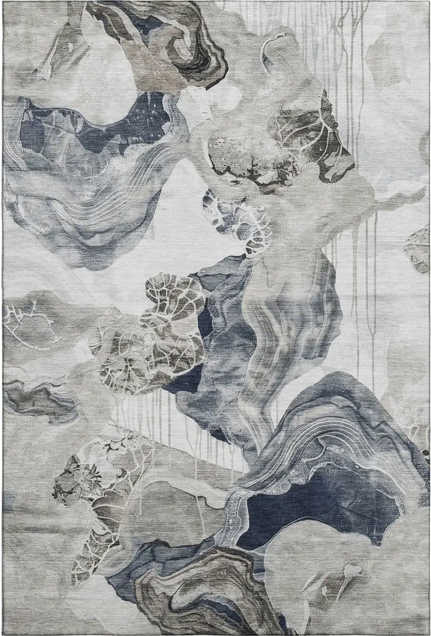 Ivory Gray And Charcoal Abstract Washable Area Rug With UV Protection Photo 1