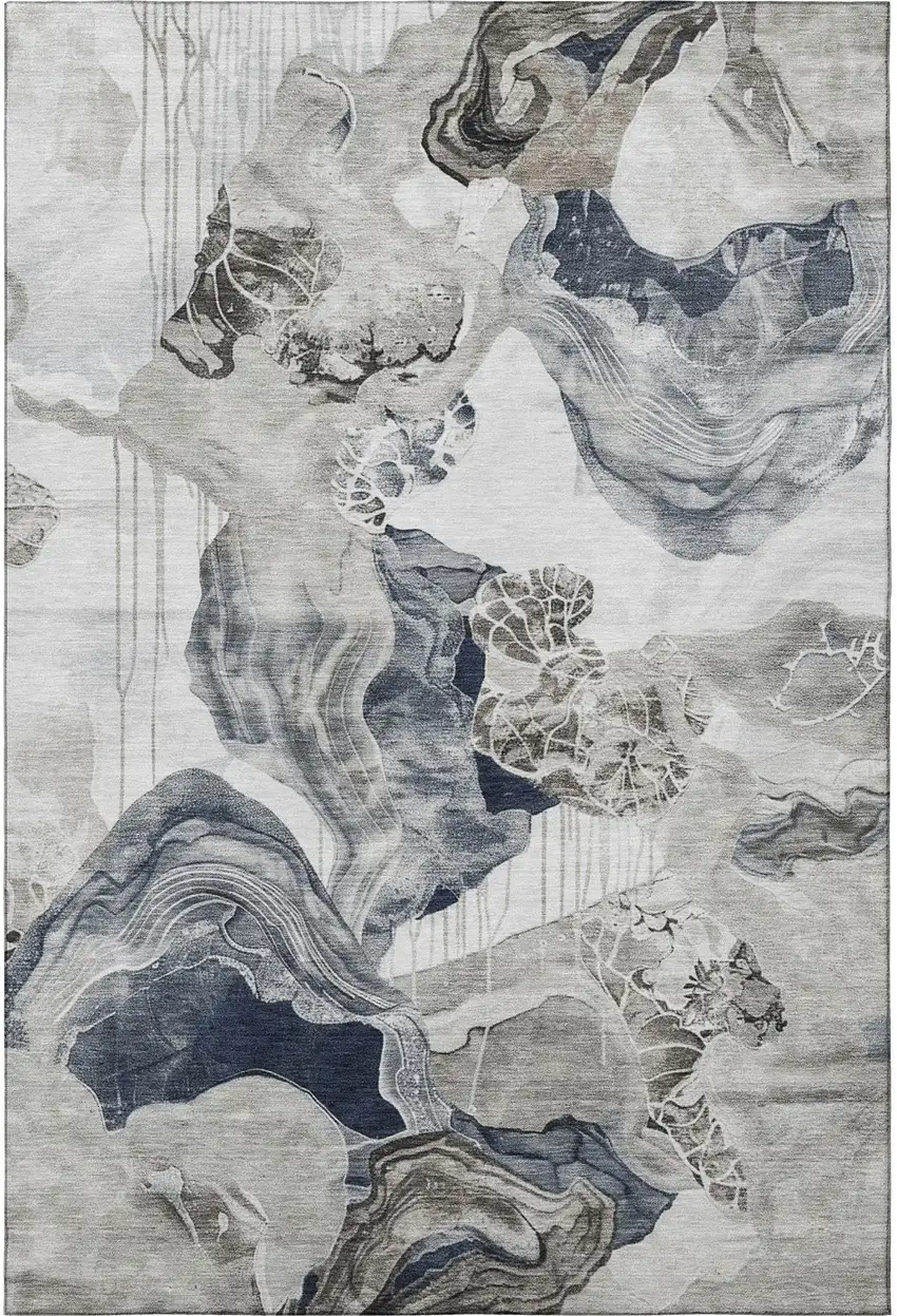 Ivory Gray And Charcoal Abstract Washable Area Rug With UV Protection Photo 2