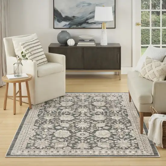 Ivory Gray And Charcoal Floral Distressed Non Skid Area Rug Photo 5