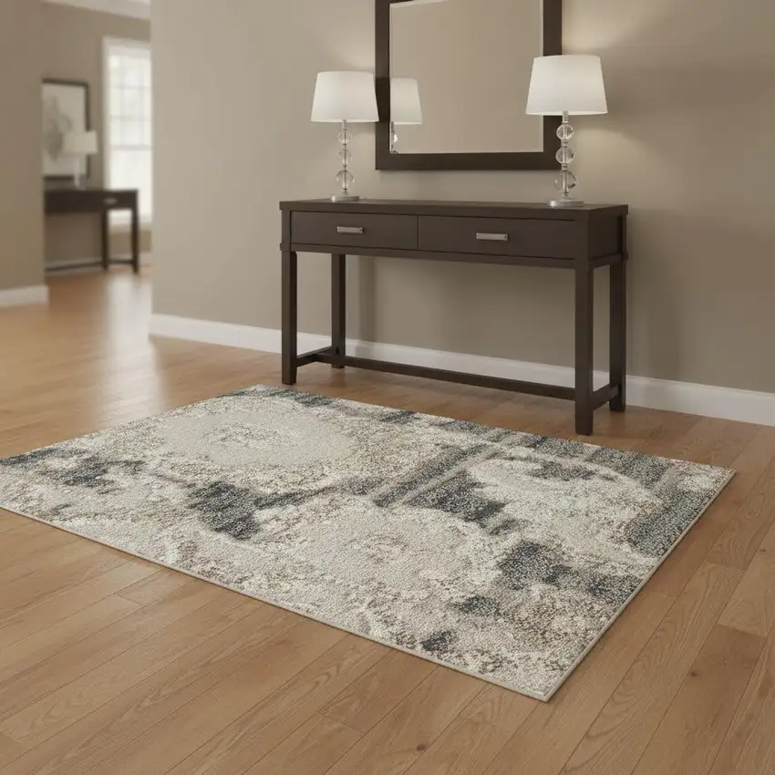 Ivory Gray And Charcoal Floral Distressed Non Skid Area Rug Photo 1