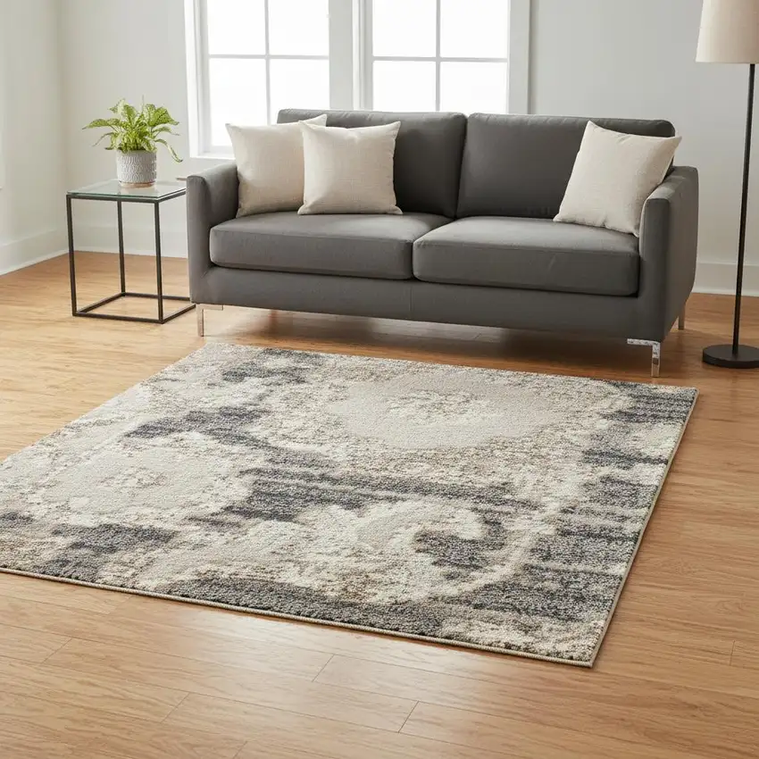 Ivory Gray And Charcoal Floral Distressed Non Skid Area Rug Photo 1