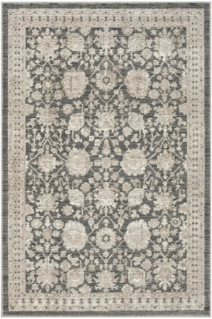 Ivory Gray And Charcoal Floral Distressed Non Skid Area Rug Photo 7