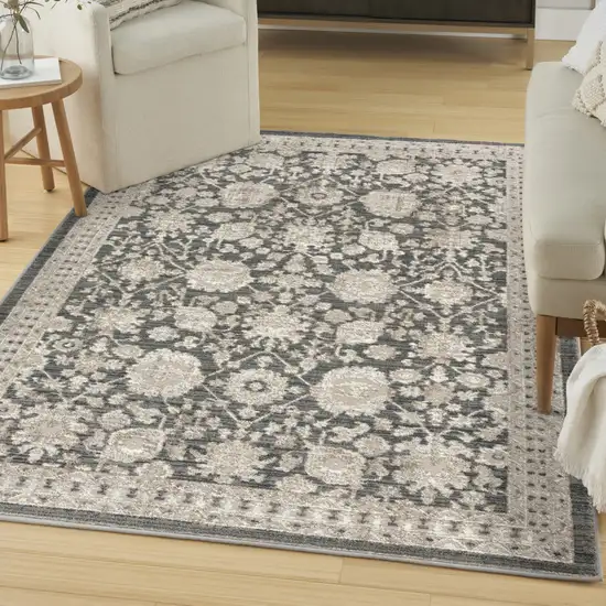 Ivory Gray And Charcoal Floral Distressed Non Skid Area Rug Photo 5
