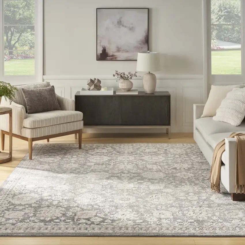 Ivory Gray And Charcoal Floral Distressed Non Skid Area Rug Photo 6