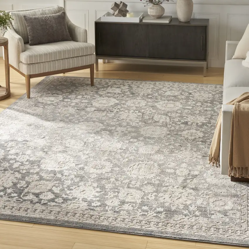 Ivory Gray And Charcoal Floral Distressed Non Skid Area Rug Photo 5