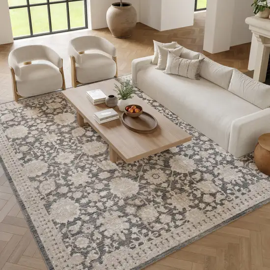 Ivory Gray And Charcoal Floral Distressed Non Skid Area Rug Photo 6