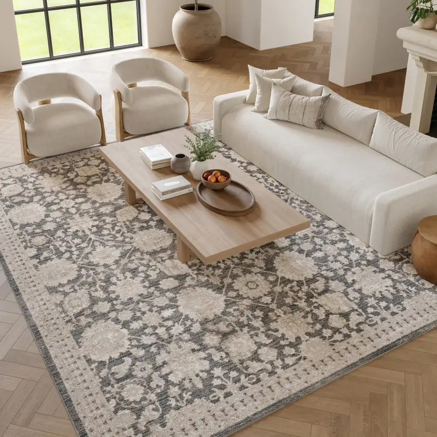 Ivory Gray And Charcoal Floral Distressed Non Skid Area Rug Photo 6