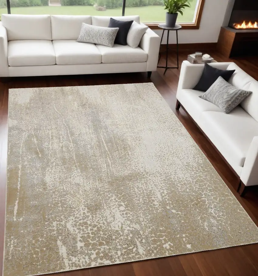 Ivory Gray And Gold Abstract Stain Resistant Area Rug Photo 1