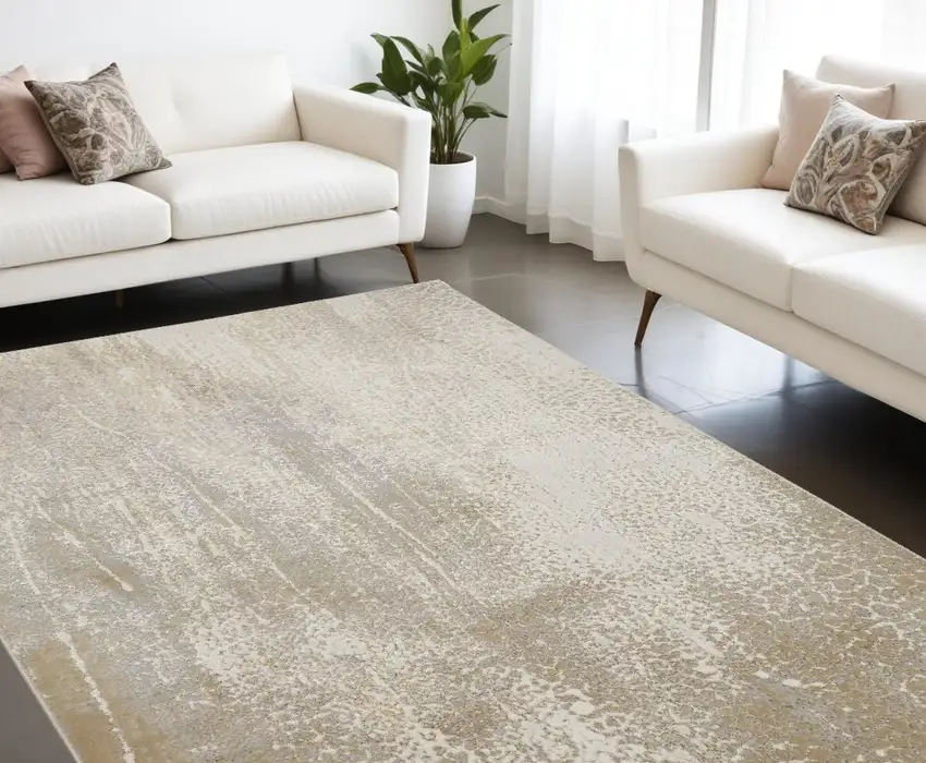 Ivory Gray And Gold Abstract Stain Resistant Area Rug Photo 1